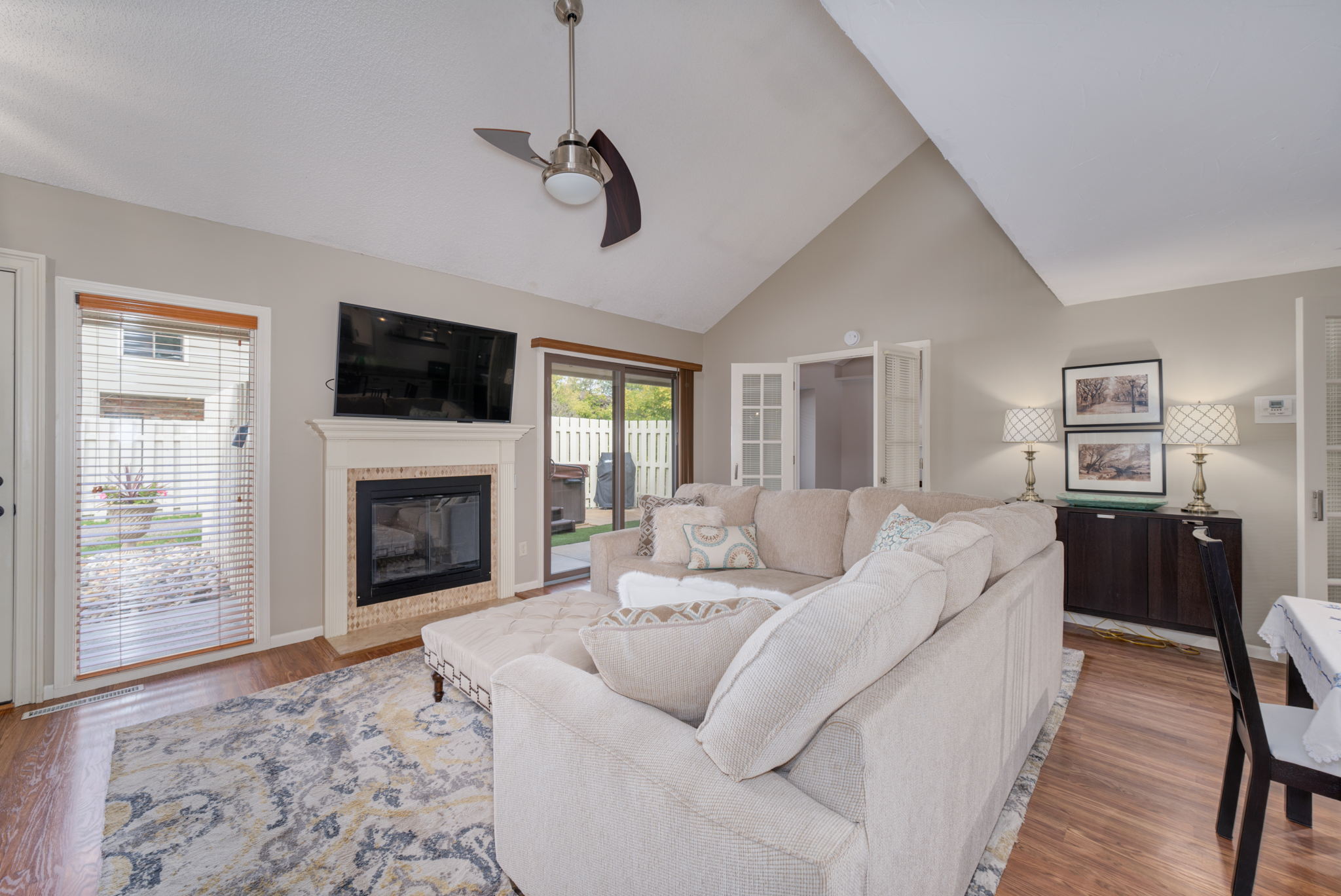 Imagine relaxing in this lovely space after a long day. The fireplace adds an elegant touch and so cozy.