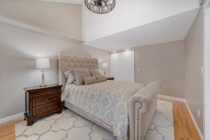 Main floor bedroom with spacious closet and contemporary lighting.