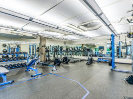 The fitness center is open to residents but is limited to one household per 45-minute timeslot, with another 15 minutes allocated to wiping down surfaces before leaving for the next group.
